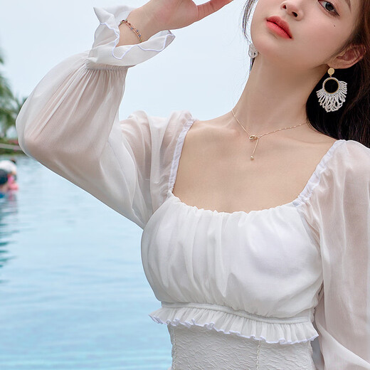 He Yang Yuxia's new parent-child swimsuit mother and daughter conservative long-sleeved sunscreen fairy model children's white girl girl swimsuit hot spring white M