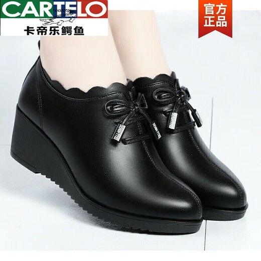 CARTELO brand women's leather shoes, middle-aged and elderly genuine leather women's shoes, autumn and winter velvet work shoes, non-slip soft-soled mother's shoes, black wedge heel, thin velvet, heel height 5cm 35