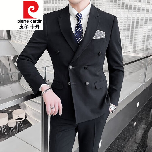 Pierre Cardin Men's Suit Business Korean Style Slim Wedding Dress Double-breasted Jacket Solid Color Suit Three-piece Men's Fashion G8015 Light Blue Suit Pants Tie M (95-118Jin Jin equals 0.5 kg)