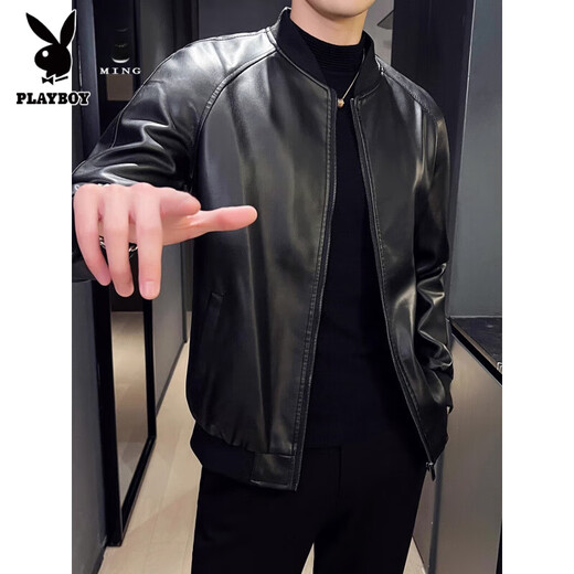 Playboy Baseball Collar Thickened Warm Leather Jacket Men's Slim Autumn and Winter Short Retro Youth and Middle-aged Leather Jacket Autumn and Winter Black Velvet Winter Velvet Thickened L Small
