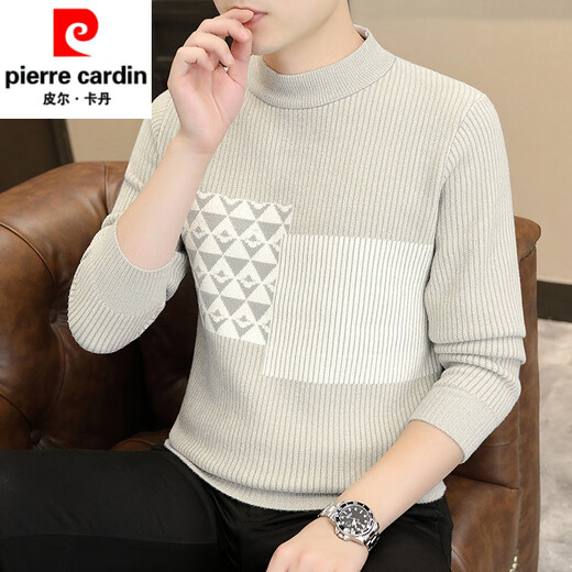 皮尔卡丹（pierre cardin）水貂绒毛衣男士半高领针织衫冬季潮牌拼色打底衫保暖中领修身 K12147白色【品质保证】 M