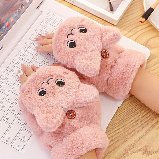 Demi Anissa Gloves Women's Winter Cute Plush Kitten Girly Style Korean Style Versatile Student Fingerless Gloves Dual-Purpose Autumn and Winter Thickened Warm Cartoon Flip Half Finger Gloves Cat White Flip Style