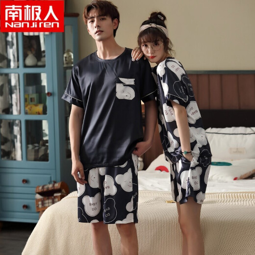 Antarctic couple pajamas for men and women in spring and summer imitation silk ice silk short-sleeved simple pullover suit can be worn outside home clothes YZT-S1433 women's L