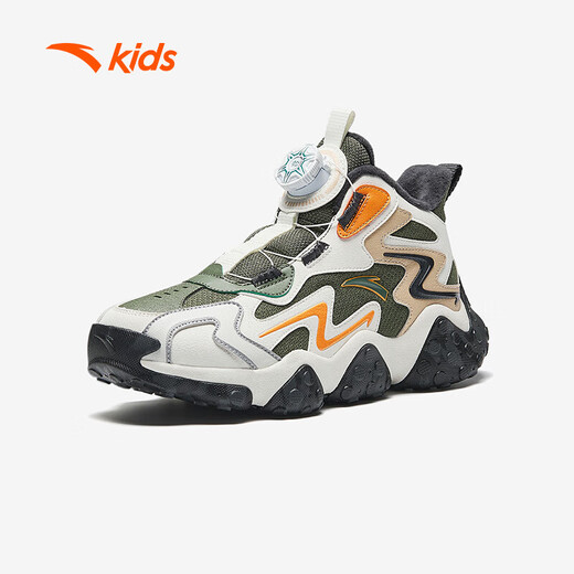 ANTA Children's Cotton Shoes Men's Big Children's Shoes 2024 Winter Plush Warm Knob Buckle Snow Non-Slip Rock High Top Cotton Boots Jet Green/Ivory White/Oatmeal Gray-2 34