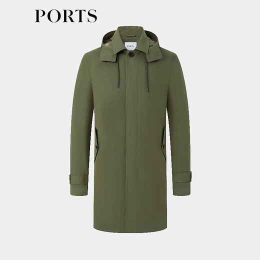 PORTS宝姿男装秋季棉混纺轻微防水可拆卸帽翻领合身长风衣 绿色 S