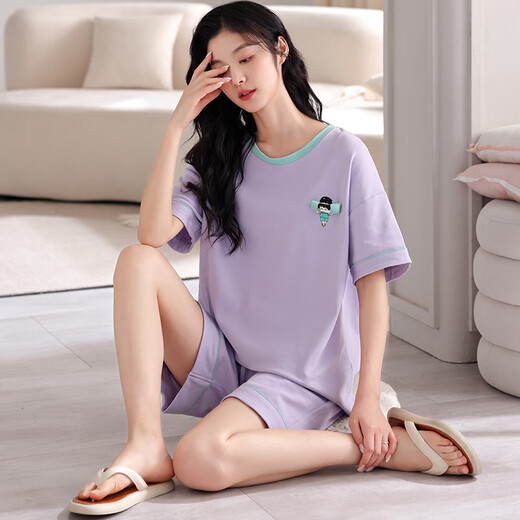 猫人睡衣女柔软舒适透气纯棉家居服宽松休闲短袖套装 货号：GH-14105 M 推荐体重80-100斤