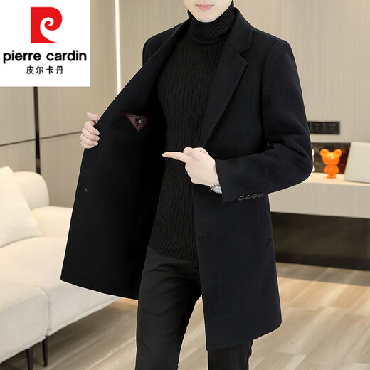 Pierre Cardin (Pierre Cardin) Down Lined Double-sided Woolen Coat Men's Wool Woolen Windbreaker Mid-Length Cashmere Jacket Spring Autumn Winter Men's Clothing Black (70 Wool) L 120-140Jin Jin is equal to 0.5 kg