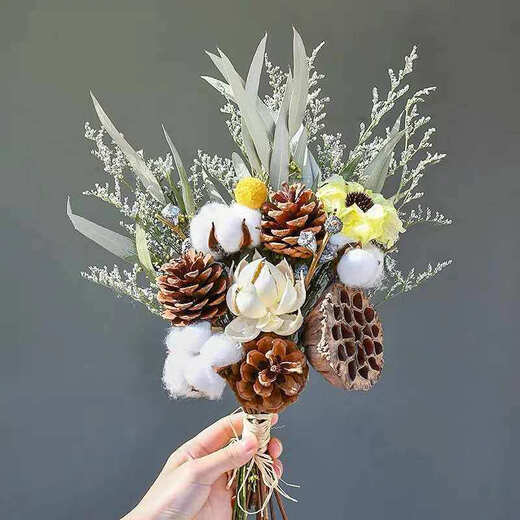 AIMAN dried flowers immortal flower decorative ornaments cotton real flowers small fresh eucalyptus leaves daisies pine cones living room bedroom flower arrangement wealth flower + snow lotus + immortal off-white hydrangea dried flower bag