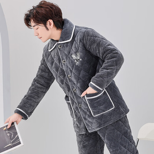 轩朵淇男士睡衣秋冬季加厚加绒珊瑚绒三层夹棉保暖中青年家居服套装冬款 C9901#黑灰色男【牛奶绒】 L(100-125斤)三层加厚