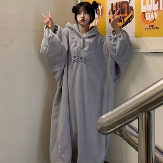 CEENIU Shuiyao daily rest pajamas and home clothes new autumn and winter oversized loose Japanese style plus velvet thickened hooded embroidery for men and women gray XL
