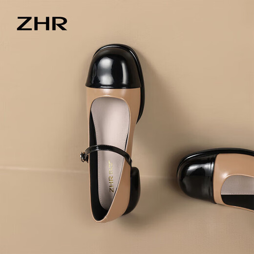 ZHR Loafers Women's Retro French Splicing Mary Jane Shoes Women's Fashionable and versatile single shoes Women Y686 Apricot 37