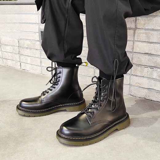 花花公子马丁靴男款中帮英伦风高帮皮鞋2025新款透气薄款短靴工装黑色皮靴 6198 【黑色百搭款】 40