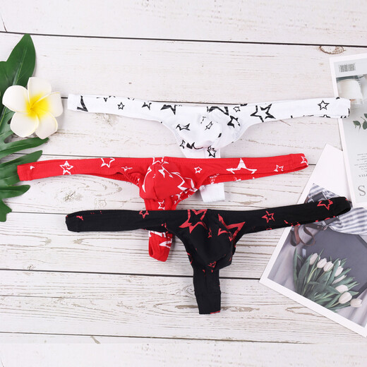 Long Night Men's T-Pants Cotton Tight Silky Underwear Printed Sexy Low-Waist Elastic Sexy Underwear Personalized Star Thong Black Star M