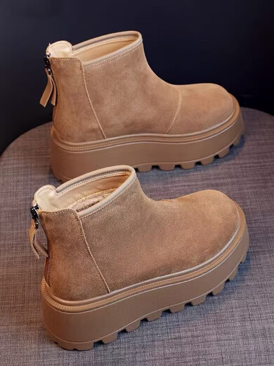 撤柜断码短靴女秋冬增高厚底博肯棉鞋2024年新款休闲加绒雪地靴 驼色加绒内里 36