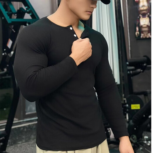 Dameitu (Dameitu) Henry shirt American long-sleeved threaded cotton retro American khaki men's raglan fitness show big Henry collar T-shirt sports black XL suitable for 60-70kg