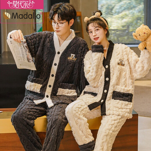 Modal flannel couple pajamas autumn and winter thickened warm coral velvet women's cartoon winter men's home wear suit kimono flannel M7820 main picture M women's 80-95Jin Jin is equal to 0.5 kg