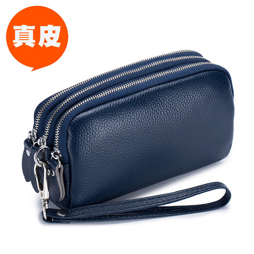 SHARELOVE Genuine Leather Small Hand Bag Women Can Hold Mobile Phone Mini Portable Coin Purse Three-Layer Zipper Wrist Bag First-Layer Cowhide Three-Layer Zipper - Black