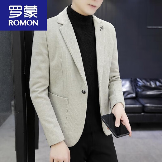 ROMON autumn and winter woolen suit men's jacket plus velvet thick single Western Korean version slim fit top trend gray 1988 suit plus velvet XL
