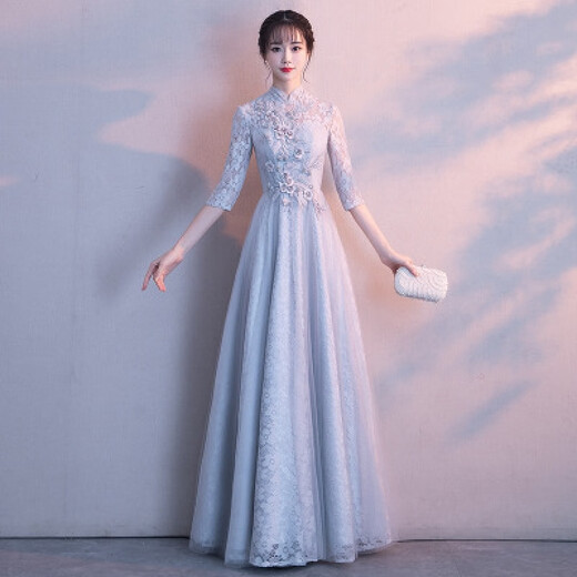 Hazy Apricot Solo Performance Clothes Women's Dress High-End National Style Art Exam Niche Night Atmosphere Music Performance Temperament Piano Performance Silver Gray M