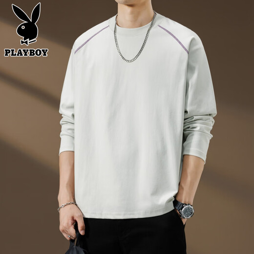Playboy (PLAYBOY) Striped Long Sleeve T-Shirt Men's Autumn American Retro Trendy Brand Sports Bottoming Shirt Cycling Jersey Spring and Autumn Style Inner Sweatshirt Mountain Green (Purple Line) L