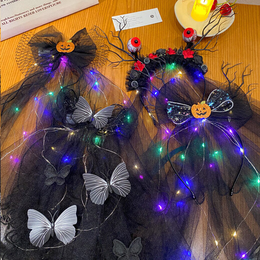 Zi Jiafu Halloween headdress luminous headband elf black veil little girl funny Halloween pumpkin accessories hairpin devil horn headband with light