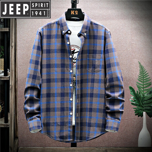 JEEP高档纯棉格子衬衫潮流宽松休闲长袖加绒衬衣春秋冬加厚保暖服男士 MCS06红格 加绒 M 165