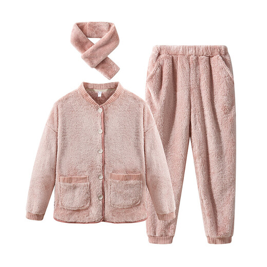 STORY & Shanghai Japanese style soft coral velvet pajamas for women winter thickened warm cardigan couple pajamas that can be worn outside home clothes set pink M