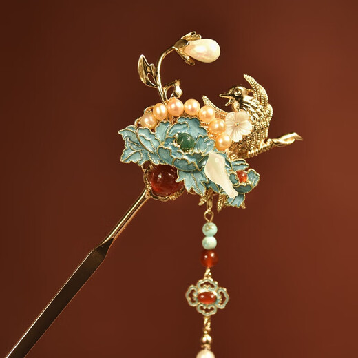 Shijun (SHIJUN) Horse Face Skirt Hairpin Huarong Zhuyu Handmade Hanfu Cheongsam Retro Headdress Imitation Burnt Blue Drop Oil Plate Hair Accessory