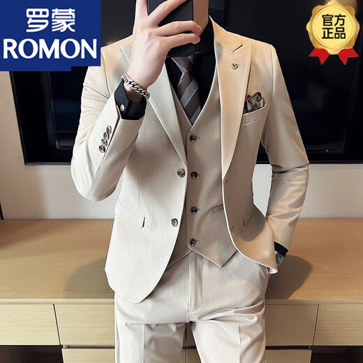 ROMON suit men's slim-fitting British style groom's suit suit men's Korean style trendy wedding dress casual formal wear off-white (suit + pants + vest + shirt) collar M