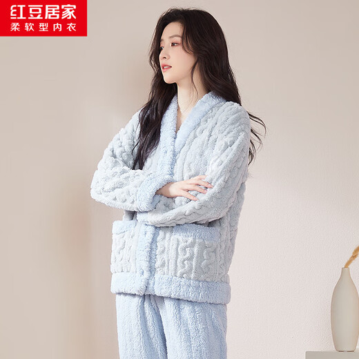 Hongdou Home Flannel Pajamas Women's Winter Contrast Color Jacquard Thickened Women's Home Clothes Bubble Blue 160/84A