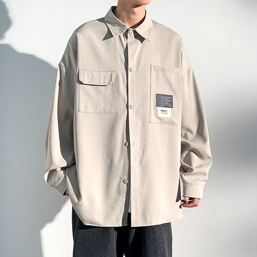 Foss Phil港风长袖衬衫外套男士秋冬季休闲宽松工装打底上衣7303浅灰XL