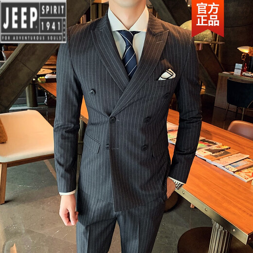 Jeep (JEEP) light luxury British gentleman style double-breasted suit men's suit suit groom wedding custom dress three pieces gray L