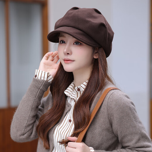 Thousands of charming cloud hat pleated women's spring and autumn new style little British retro casual octagonal hat versatile beret for women winter brown - upgraded double layer cotton