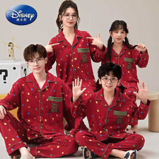 Disney Christmas colorful dot bear parent-child pajamas pure cotton spring and autumn long-sleeved children's bright red festive New Year home clothes 2882# Christmas polka dot bear (YPF lapel long sleeve) Mom L size 150-165CM100-115Jin Jin equals 0.5 kg