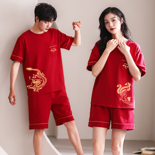 LangSha couple pajamas summer pure cotton one man and one woman red wedding with chest pad high-end gift box home wear set 5808 couple with chest pad female XXL + male XXXL