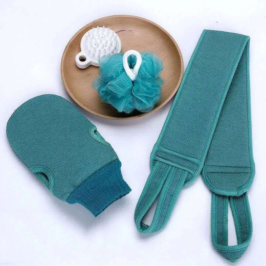 3-piece set of bath towels, coarse sand, double-sided pull back strips, strong mud rub gloves to remove dead skin and rub back, adult men and women's bath flower balls and bath artifact, deep sea green, back pull strips + bath towel + bath flower balls