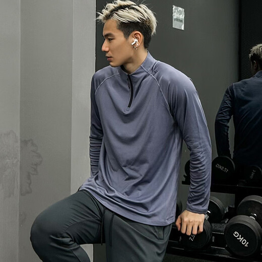 Yihaote (yihaote) spring and summer fitness clothing tights men's half-zip quick-drying sportswear training long-sleeved jacket running exercise cycling clothing half-zip shaping top - black L (170-175 height, 115-130 Jin Jin equals 0.5 kg)