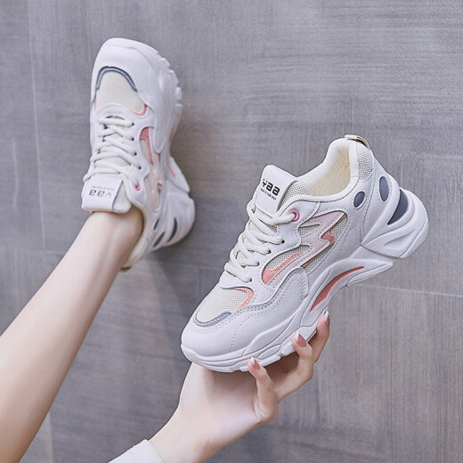 Shunian casual shoes female dad shoes student sports 2023 spring new Korean version thick-soled versatile lace-up women's shoes white 37