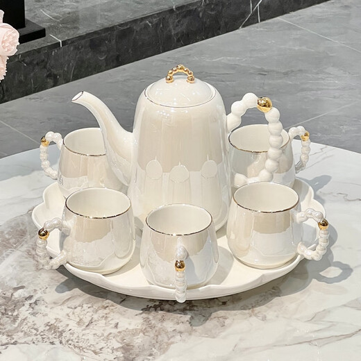 Ruishun light luxury high-end tea set new water cup household living room tea cup housewarming gift Pearlescent Golden Bear Tea Set (6 cups 1 pot 1 tray) gift box
