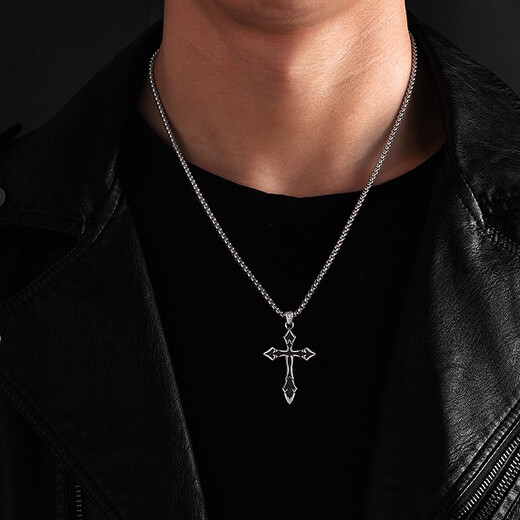 IDEAGEMER925 silver cross necklace men's personality retro niche simple versatile handsome boy pendant clavicle chain trend cross pendant + titanium steel chain 60CM supports engraving