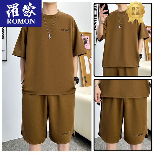 
ROMON 2025 Summer Casual Sports Set Men's Thin Loose Breathable Short Sleeve Shorts Two-Piece Set Handsome Men's Clothing TZ683DT White Short Sleeve + Shorts 2XL