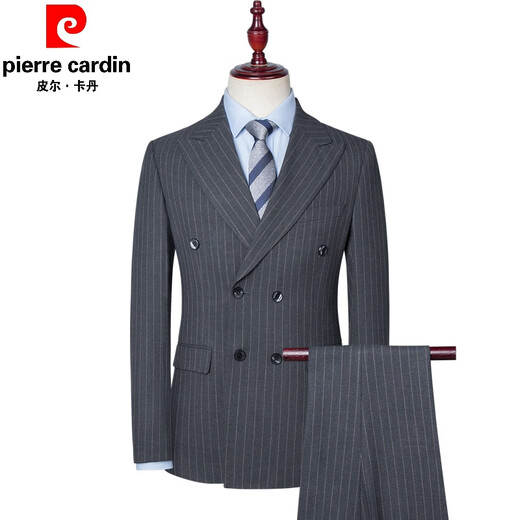 Pierre Cardin Suit Men's Business Casual Double-breasted Professional Formal Small Suit Men's Striped Groom's Wedding Groomsmen's Dress Black 1881 (Suit+Trousers) Anti-wrinkle 3XL/190 (165-180Jin Jin equals 0.5kg)