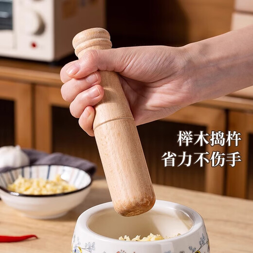 CLCEY garlic mortar household ceramic garlic mortar artifact manual mortar chili garlic masher stone mortar old-fashioned mortar masher Chunhuiman ceramic garlic masher-400ml + wooden