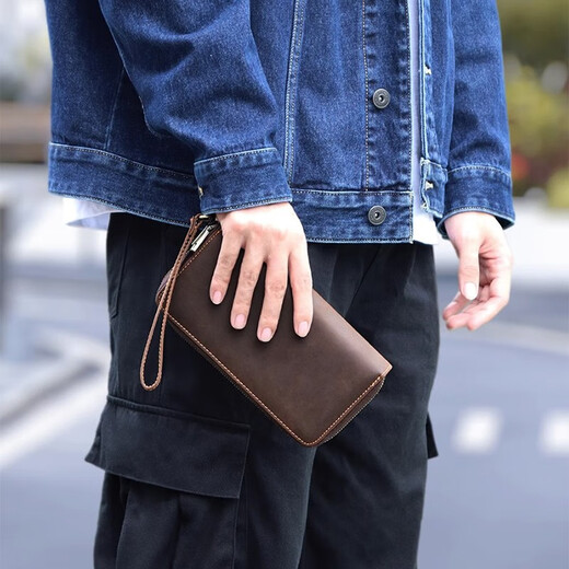 Manniqson billetera de cuero genuina bolso largo de embrague largo para hombres cuero loco de cuero doble con cremallera gran capacidad billetera para hombres bolsillo de teléfono móvil color de café oscuro