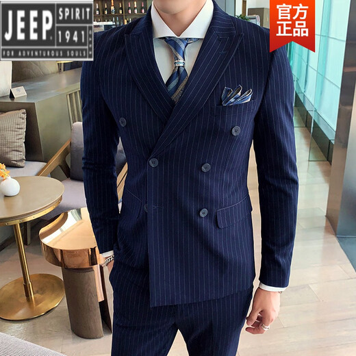 Jeep (JEEP) light luxury British gentleman style double-breasted suit men's suit suit groom wedding custom dress three pieces gray L