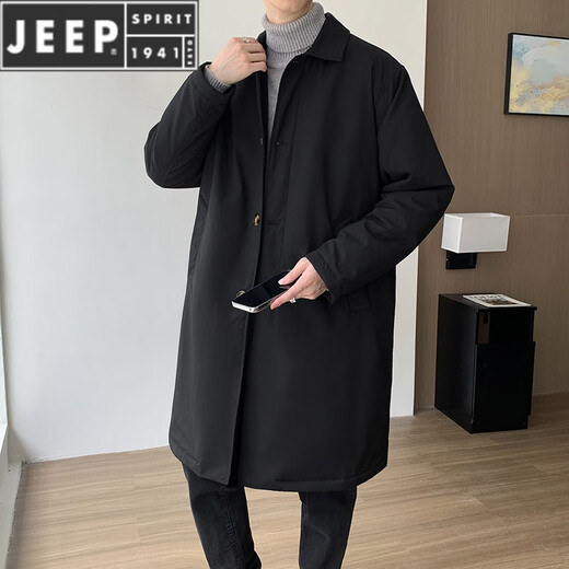 JEEP SPIRIT windbreaker mid-length men's lapel coat single-breasted autumn over-the-knee loose casual versatile tops black 3XL