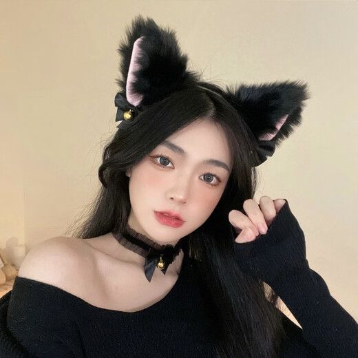 Bo Na Ling Cat Ear Headband Collar Beast Ear Headwear Hair Accessory Face Wash Female Anchor Pure Desire Cos Cute Bell Bow Festival Cat Ear Headband + Collar Black