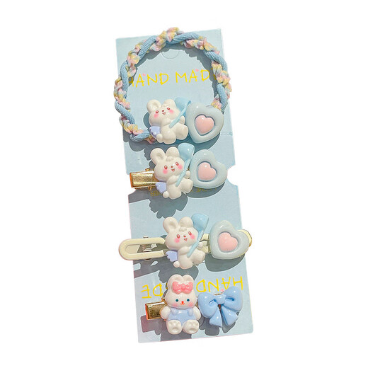 Ellilo Sweet Rabbit Cute Hairpin Hairband Set Cartoon Broken Hair BB Clip Duckbill Clip Hairpin Hair Rope Hair Accessory Blue Rabbit Hairpin Hair Rope 9-piece Set