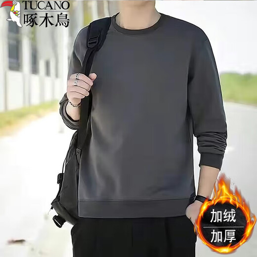 Woodpecker (TUCANO) cotton sweatshirt men's round neck spring, autumn and winter new loose velvet thickened bottoming shirt men's youth long-sleeved t-shirt black-velvet XL (recommended 120-135 Jin Jin equals 0.5 kg)