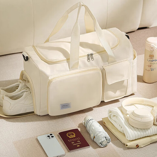 Xingxi sac de voyage pliable sac de sport pour femmes de grande capacité sac de fitness pour voyage d'affaires à courte distance sac d'embarquement sac de rangement pour bagages de voyage séparation sèche et humide blanc cassé peut être transporté + bandoulière